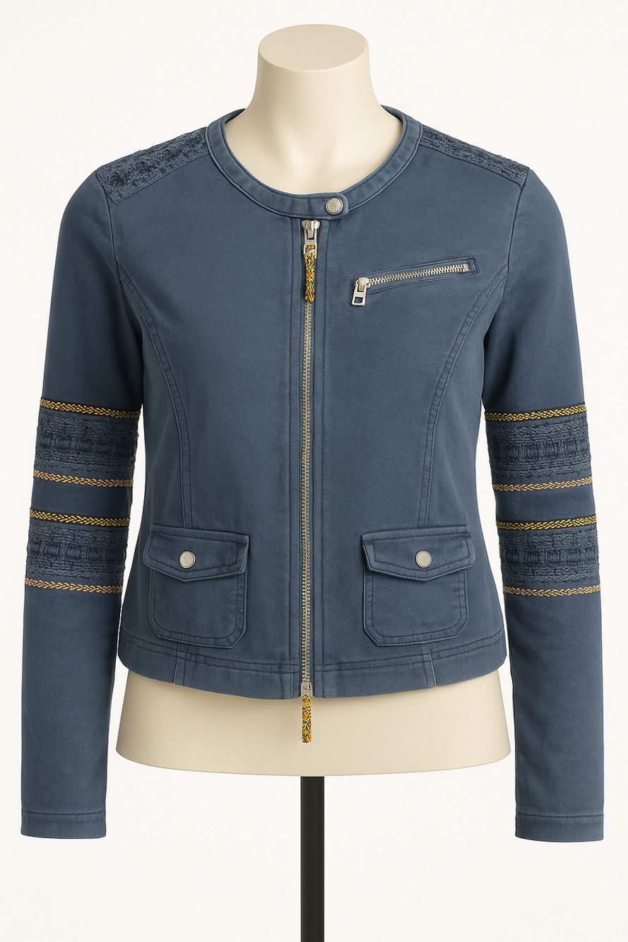 Tom Tailor Jacket Denim Blue Boho Trim Moto Style Zip Front Texture Cotton Large